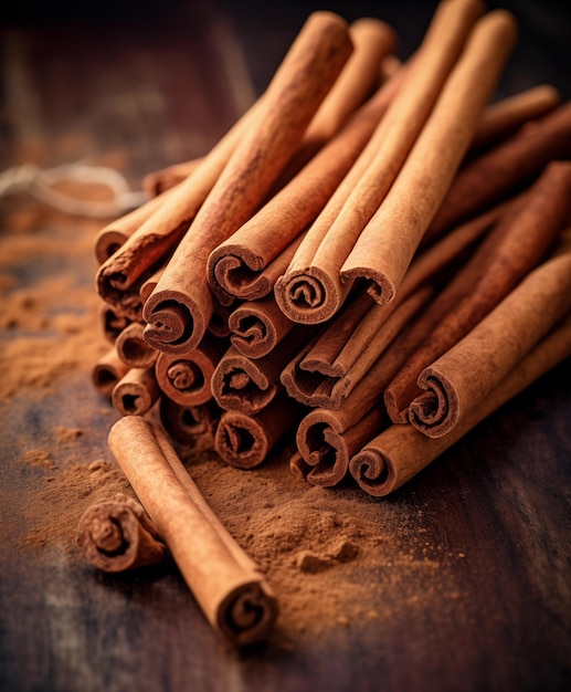 Bastões de canela e pó em fundo de mesa de madeira castanha