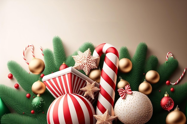 Un bastón de caramelo frente a un árbol de navidad