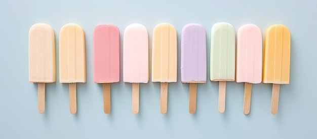 Foto bastones de helado de madera en un fondo pastel aislado espacio de copia