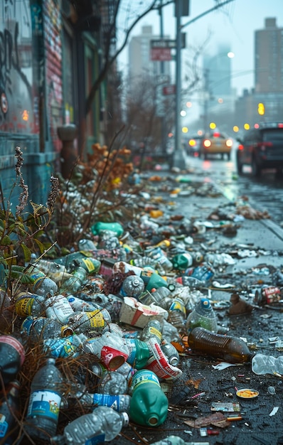 La basura y la basura en la calle en un día de lluvia