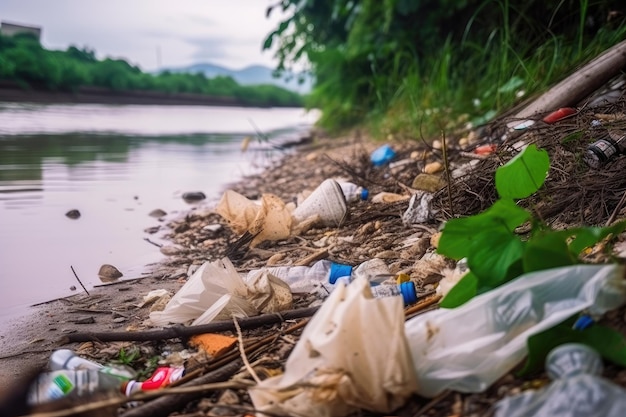 Basura y contaminación urbana de la orilla del río con bolsas de plástico, botellas y envases.