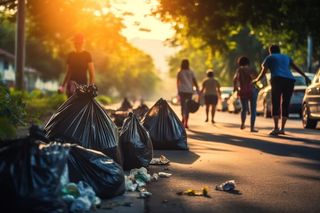 La basura desborda las bolsas de basura en las calles de los parques de la ciudad El problema global de los desechos grita por atención