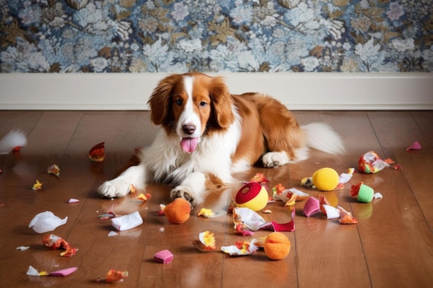 Basura esparcida en el piso de la cocina con juguete de perro masticado creado con IA generativa