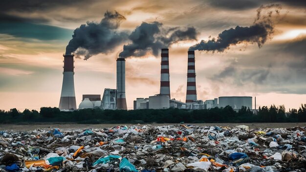 Basura frente a la industria de la fábrica de chimeneas y concepto de contaminación