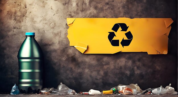 Foto basura frente a un símbolo de reciclaje en una pared gris