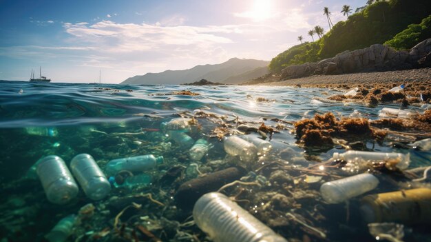 Foto basura en el hermoso mar turquesa