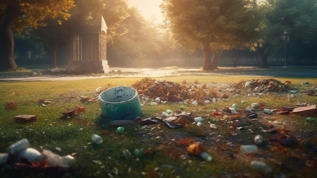 Basura en la hierba verde en el parque Ai generativo