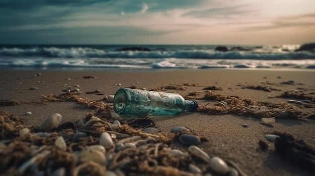 Foto basura en el mar con una botella de plástico en la playa de arena mar sucia en la isla