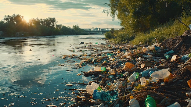 Basura en la orilla del río Contaminación ambiental Basura plástica generativa ai