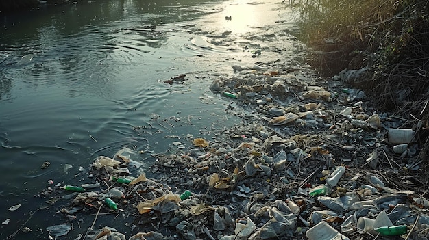 Basura en la orilla del río Contaminación ambiental Basura plástica generativa ai