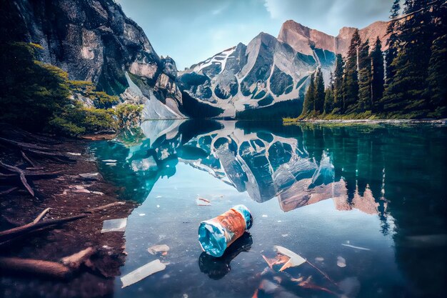 Basura plástica en un lago de montaña IA generativa