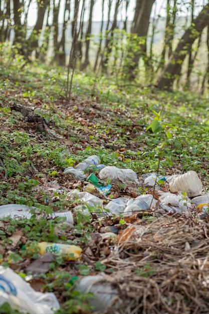 Basura de plástico en el bosque. La naturaleza escondida. Contenedor de plástico tirado en el pasto
