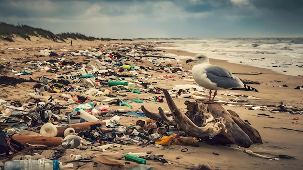 La basura en la playa de arena muestra el problema de la contaminación ambiental