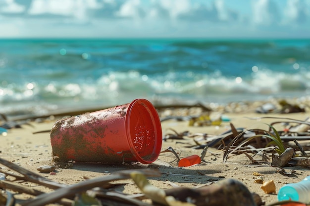 Foto basura en la playa taza de plástico