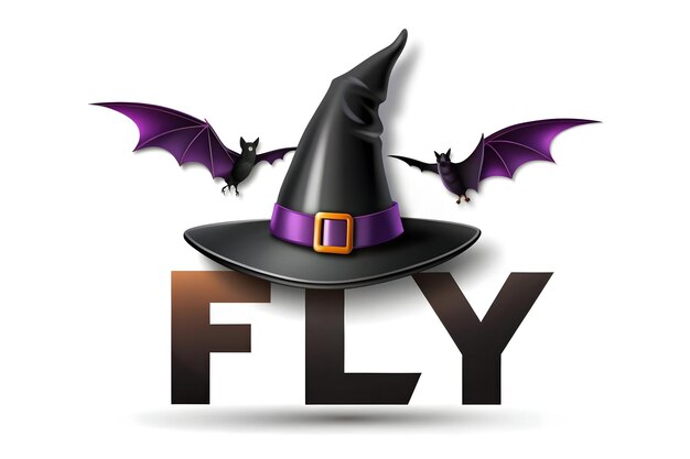 Bat y sombrero de bruja con concepto de texto de mosca como un vector aislado que presenta un murciélago y un sombrero del brujo con