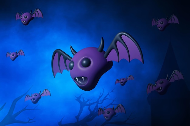 Bat volador de dibujos animados en ilustración en 3D