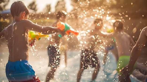 Batalha de armas de água despreocupada entre amigos celebrando uma alegria de verão