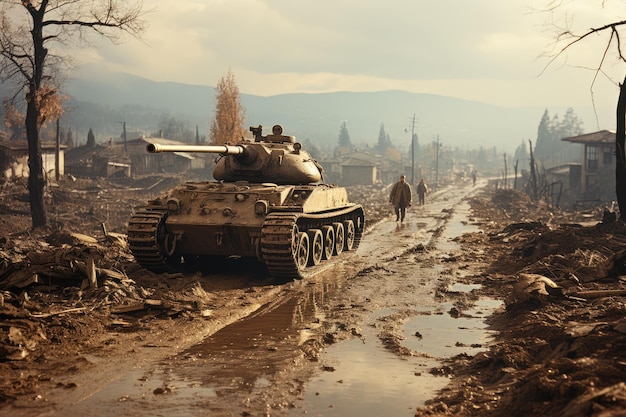 Batalha de tanques nas ruas da cidade em ruínas