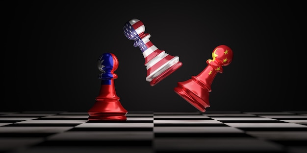 Batalha de xadrez dos Estados Unidos da América com xadrez da China para conflito entre o conceito de guerra militar da China e de Taiwan por renderização 3d