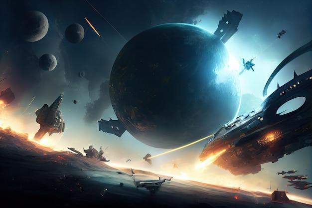 Batalha entre naves alienígenas e forças de defesa da Terra com o planeta ao fundo