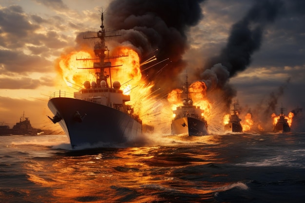 Batalha épica de grandes navios de guerra em mar aberto