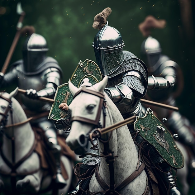 Batalha medieval Cavaleiros em armadura no campo de batalha na guerra noturna Ai generative