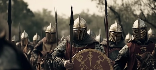 Batalha medieval Grupo de cavaleiros em armadura a cavalo Generative Ai
