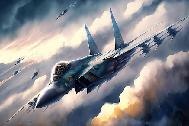 Batalha na Ucrânia aeronaves militares voando nas nuvens