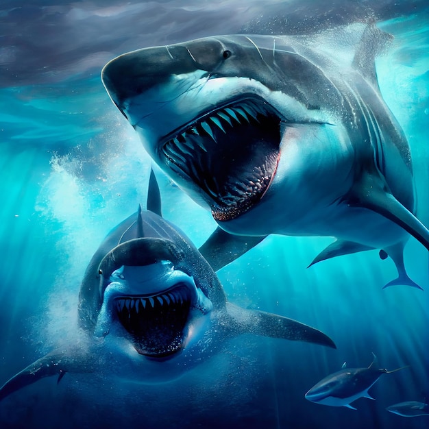 La batalla de los dos grandes y amenazadores tiburones en el océano La sangrienta pelea de los terribles tiburones