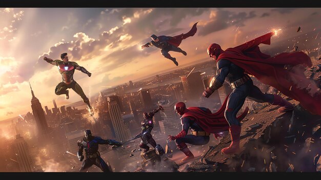 Foto una batalla épica entre dos equipos de superhéroes un equipo dirigido por superman y el otro por iron man los héroes están luchando en una ciudad en ruinas