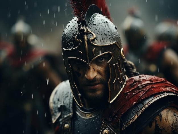 Batalla épica que muestra a los intrépidos espartanos que atacan en el campo de batalla a los guerreros que luchan en