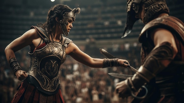 Foto batalla histórica cuando una feroz gladiadora se enfrenta a un enemigo macho