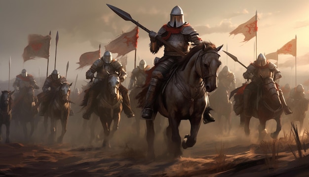 Batalla medieval Caballeros con armadura en el campo de batalla en la guerra nocturna Ai generativo