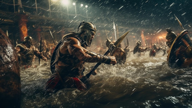 Foto batalla submarina los gladiadores luchan en una arena inundada