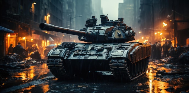 Batalla de tanques en las calles de la ciudad en ruinas.