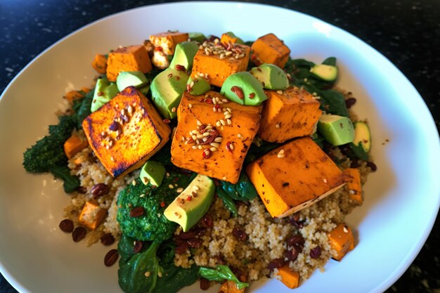 Batata aguacate y quinoa con tofu ahumado