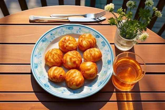 Batata da Duquesa e chá gelado para lanches de brunch na mesa de madeira com vista para o jardim verde