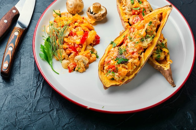 Batata-doce assada com pimentão, quinua e cogumelos. comida vegetariana