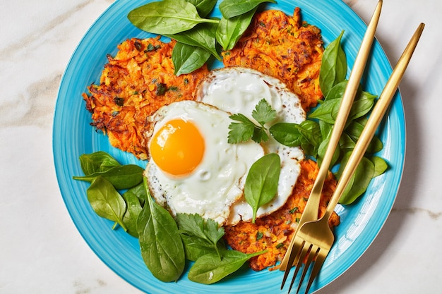 Batata doce rosti com ovos fritos e verdes servidos em um prato azul sobre uma mesa de mármore, café da manhã americano, vista horizontal de cima, plano, close-up