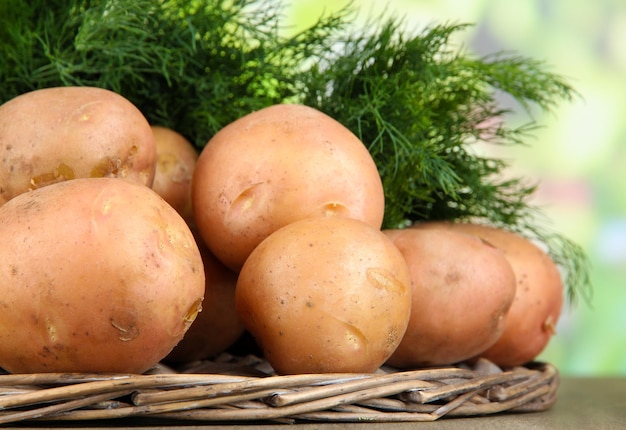 Batata e endro na bandeja de madeira de vime na mesa no fundo da natureza