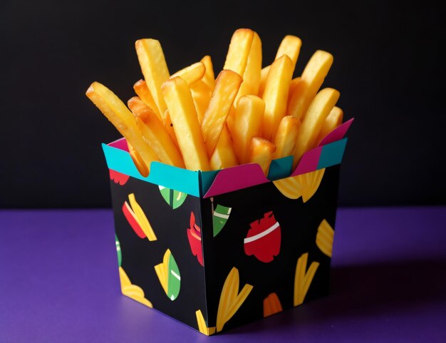 Foto batata frita em uma caixa de papel colorida com fundo preto