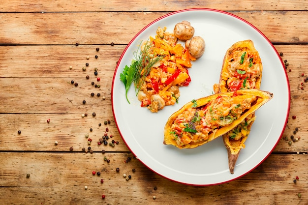 Batatas al horno con pimientos, quinoa y champiñones. Comida sana