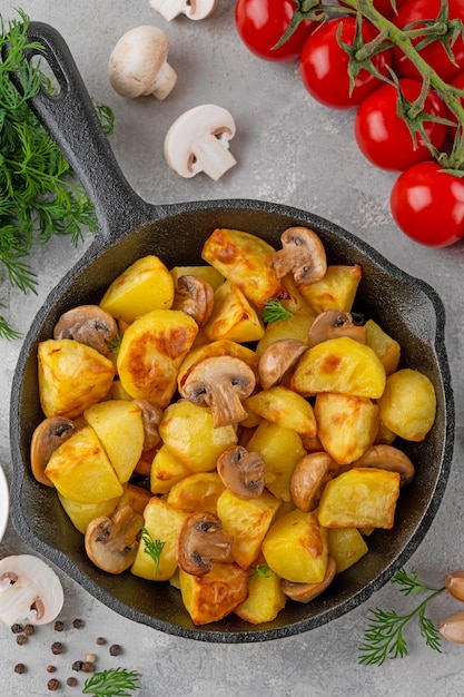 Batatas assadas com cogumelos e alho em uma frigideira de ferro fundido em um fundo cinza de concreto