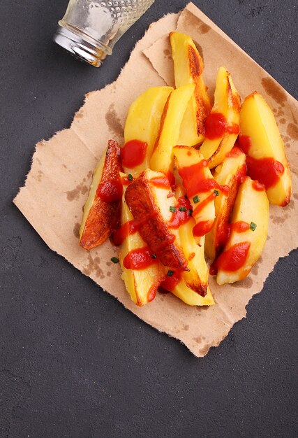 Batatas assadas com ketchup em um fundo branco