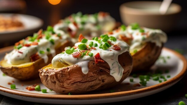 Foto batatas assadas com molho de iogurte em um prato