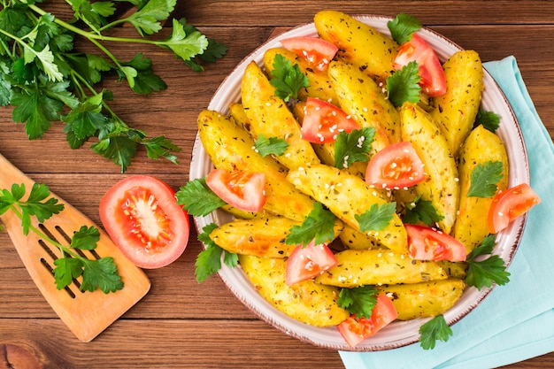 Batatas assadas em uma casca com tomate em um prato, ervas e especiarias em uma mesa de madeira, vista superior