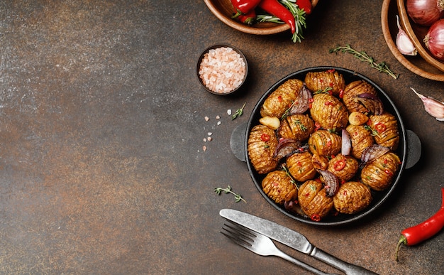 Batatas assadas na panela de ferro fundido com cebola, alho e ervas