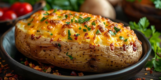 Batatas assadas totalmente carregadas receitas de conceito de fechamento alimentos de conforto batatas asadas carregadas