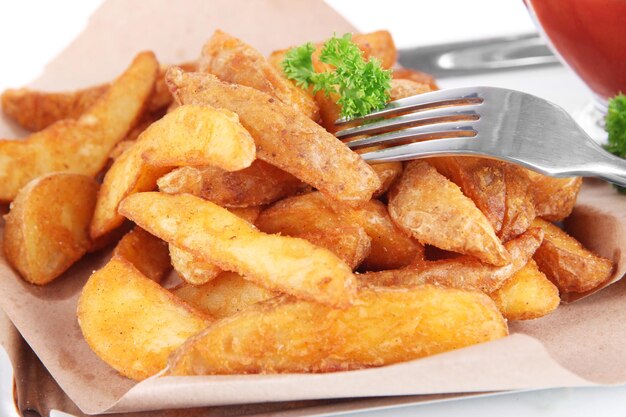 Batatas caseiras em papel vegetal na bandeja isolada em branco