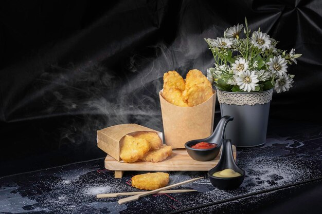 Batatas castanhas misturadas com cebolas para batatas fritas, crocantes por fora e macias por dentro.